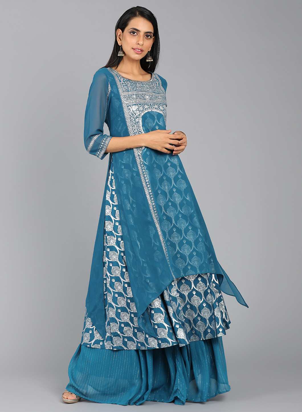 Blue Round Neck Layered Printed kurta