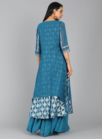 Blue Round Neck Layered Printed kurta