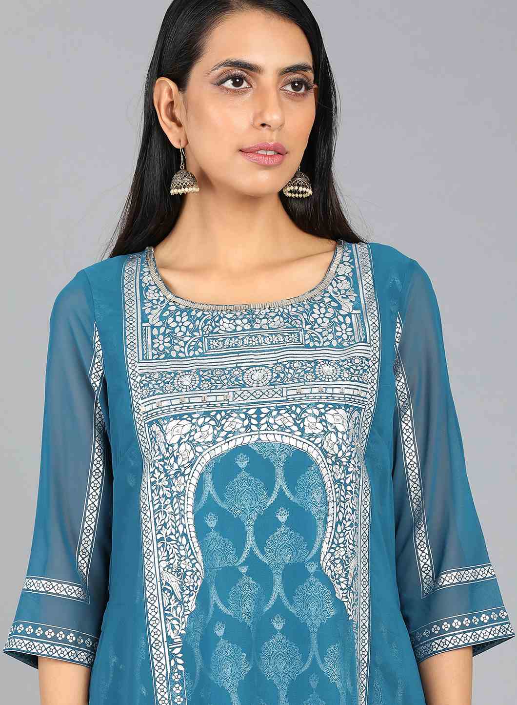 Blue Round Neck Layered Printed kurta