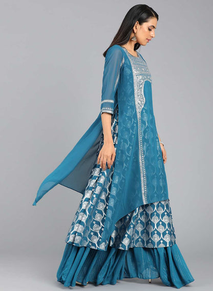 Blue Round Neck Layered Printed kurta