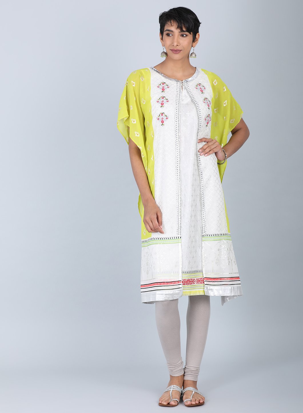 Ecru &amp; Green Round Neck kurta