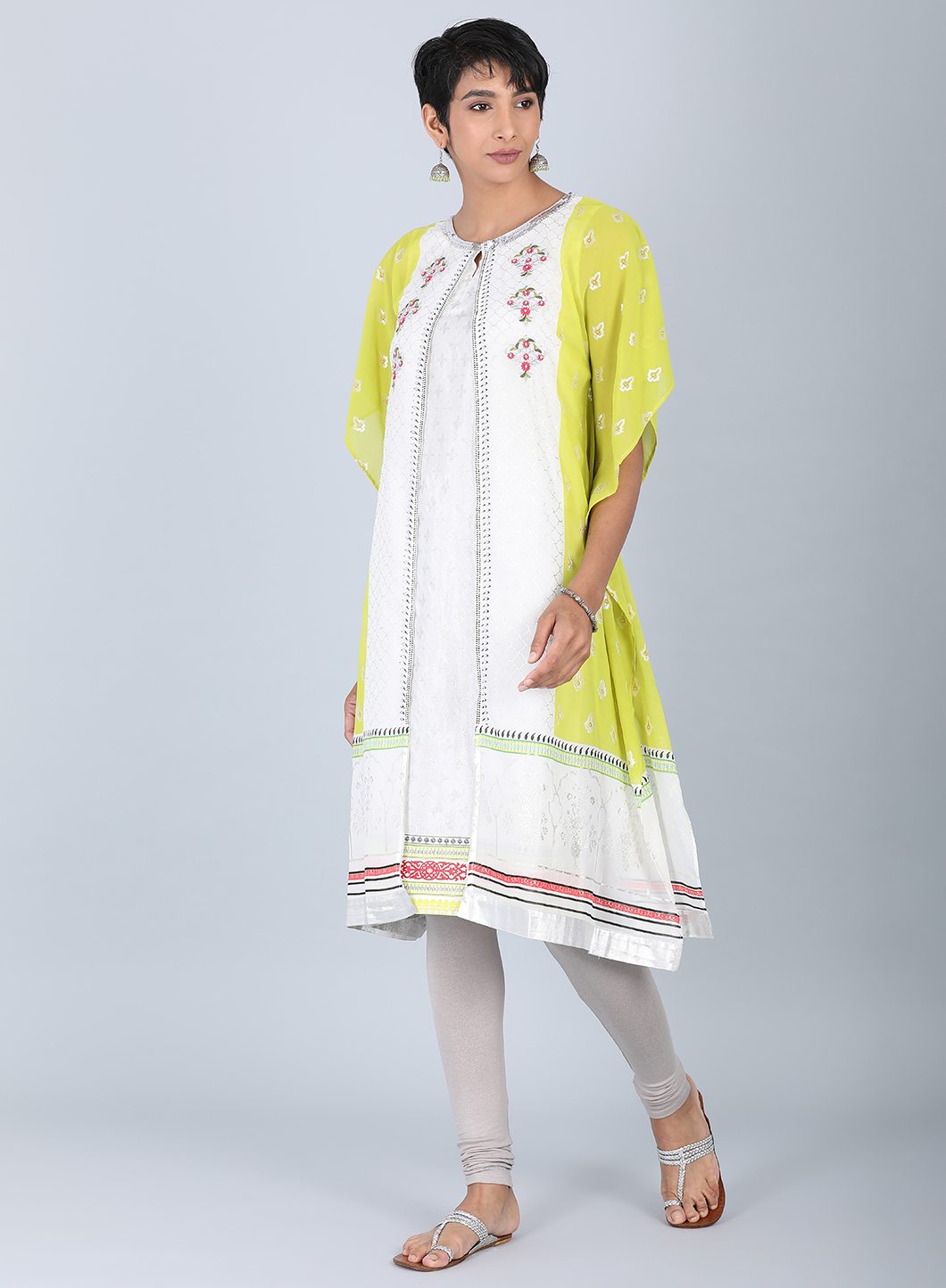 Ecru &amp; Green Round Neck kurta