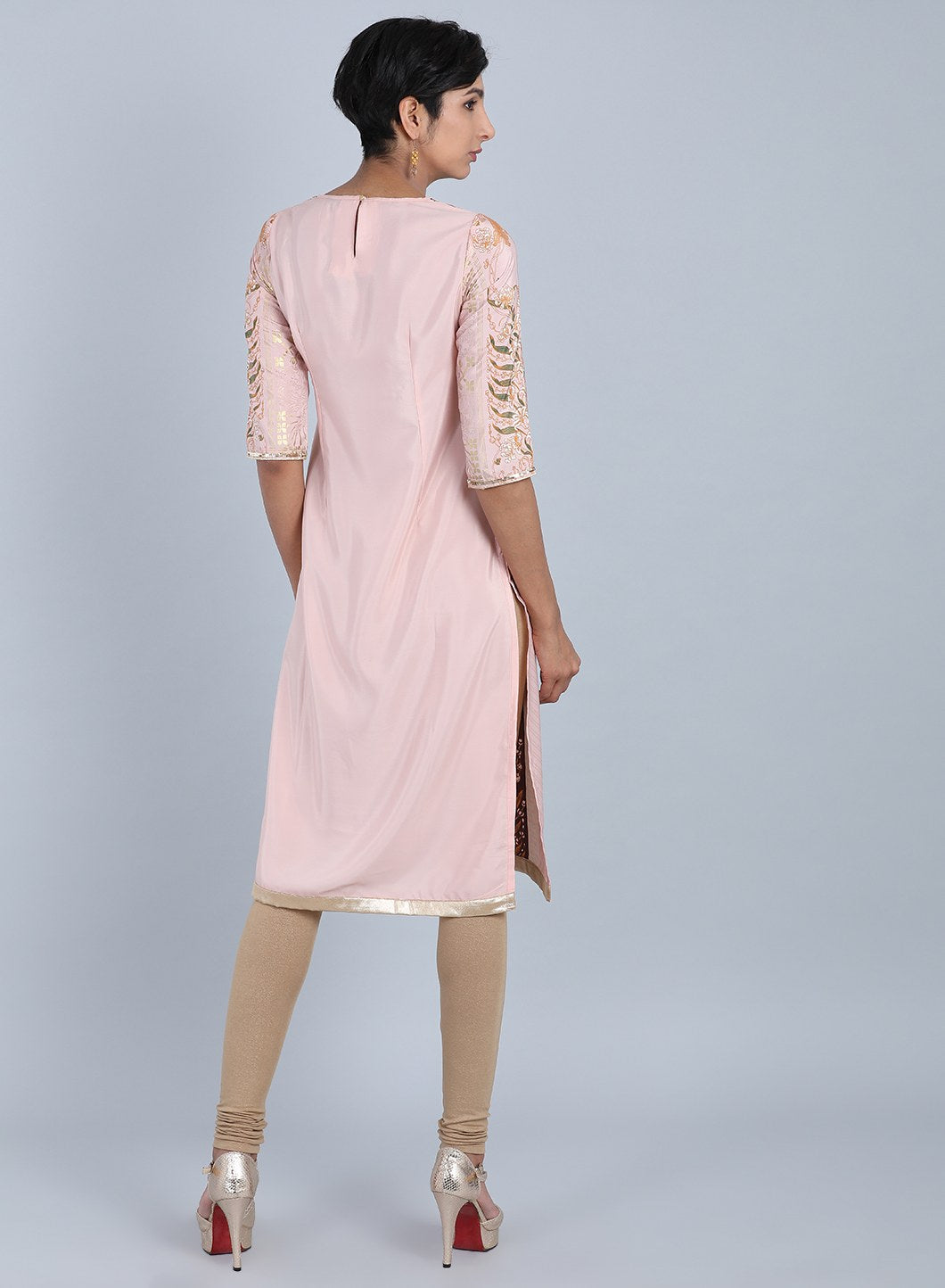 Peach Round Neck Printed kurta