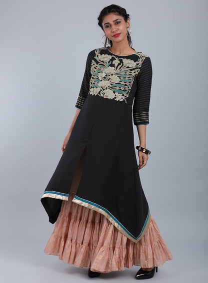 Dark Grey Round Neck Printed kurta