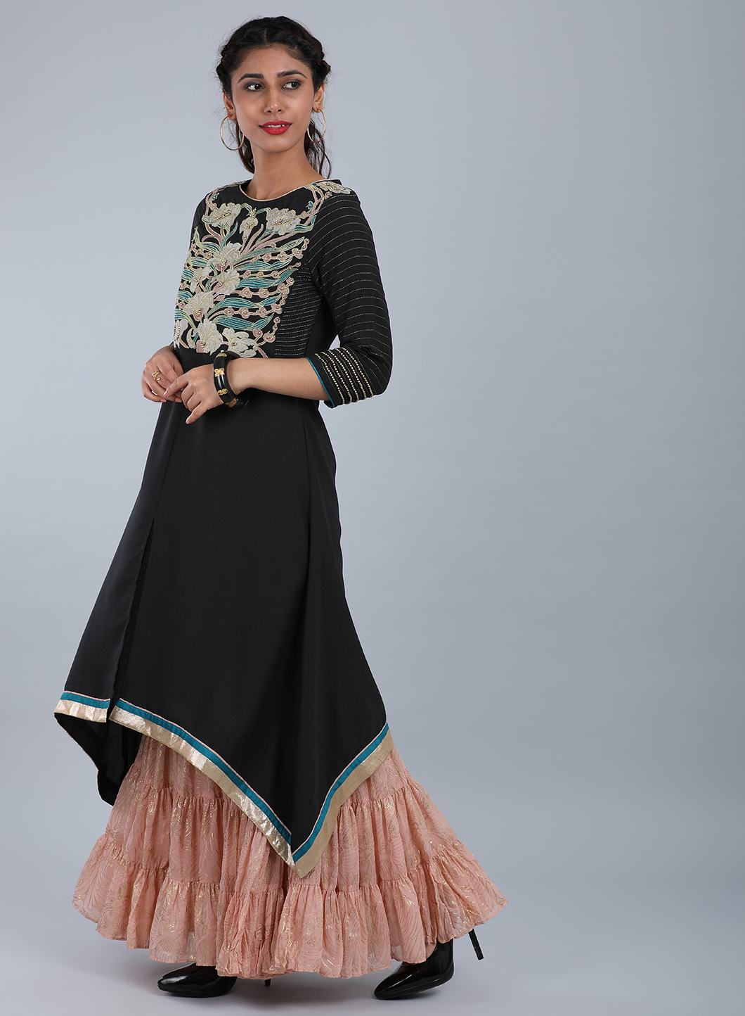 Dark Grey Round Neck Printed kurta