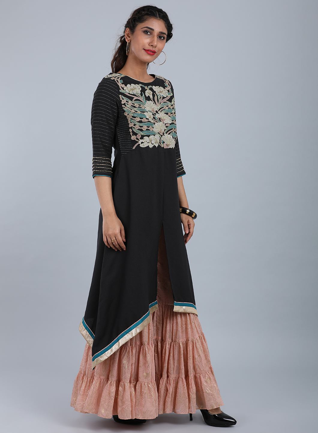 Dark Grey Round Neck Printed kurta