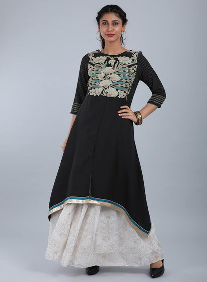 Dark Grey Round Neck Printed kurta