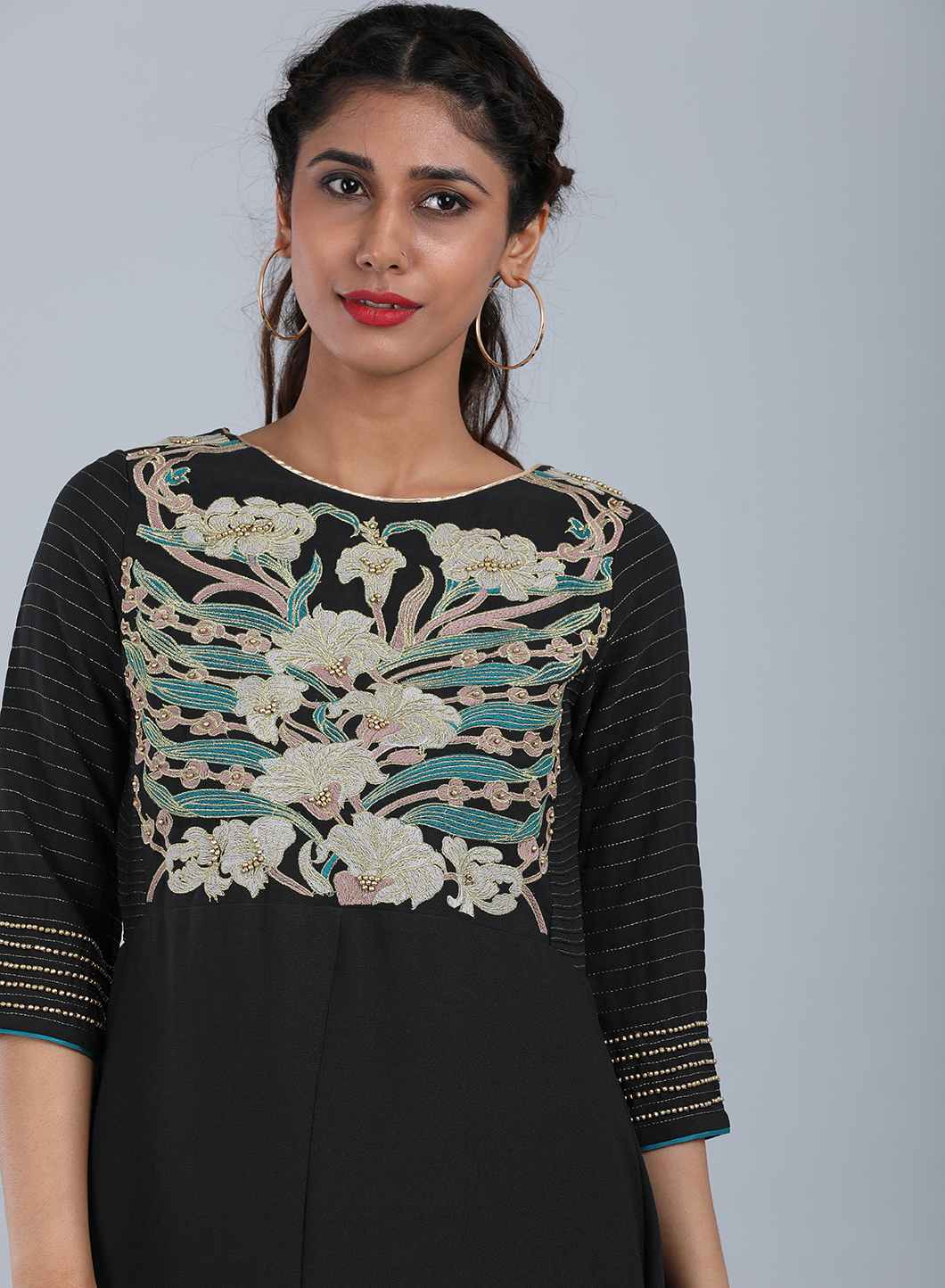 Dark Grey Round Neck Printed kurta