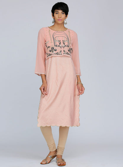 Peach Round Neck Printed kurta