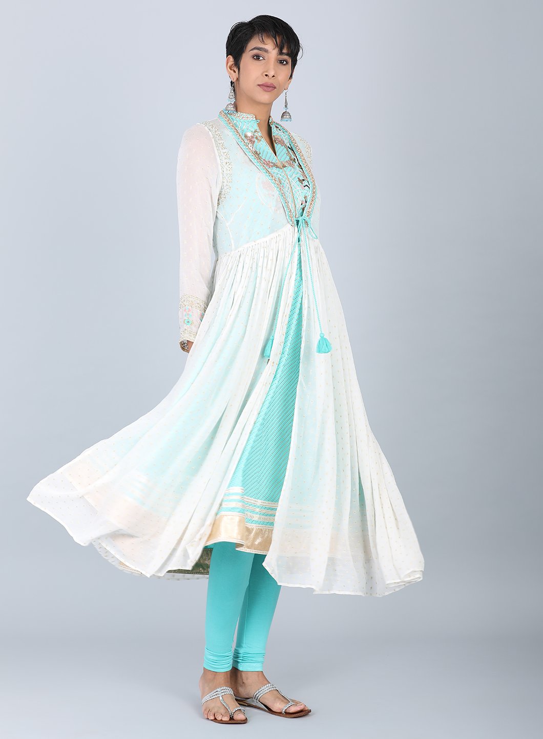 Ecru &amp; Blue Mandarin Neck Tie-Up kurta