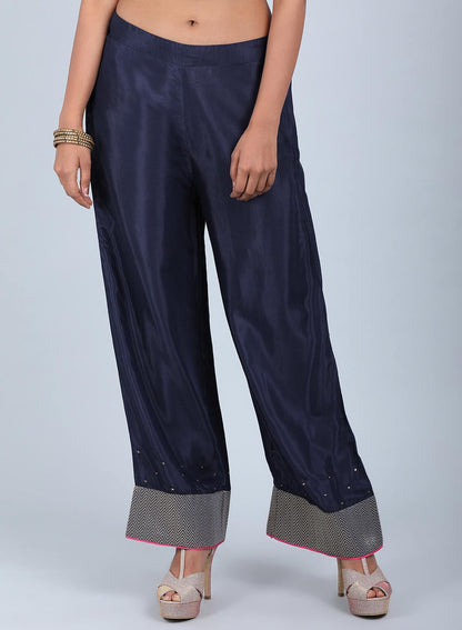 Blue Solid Straight Pants