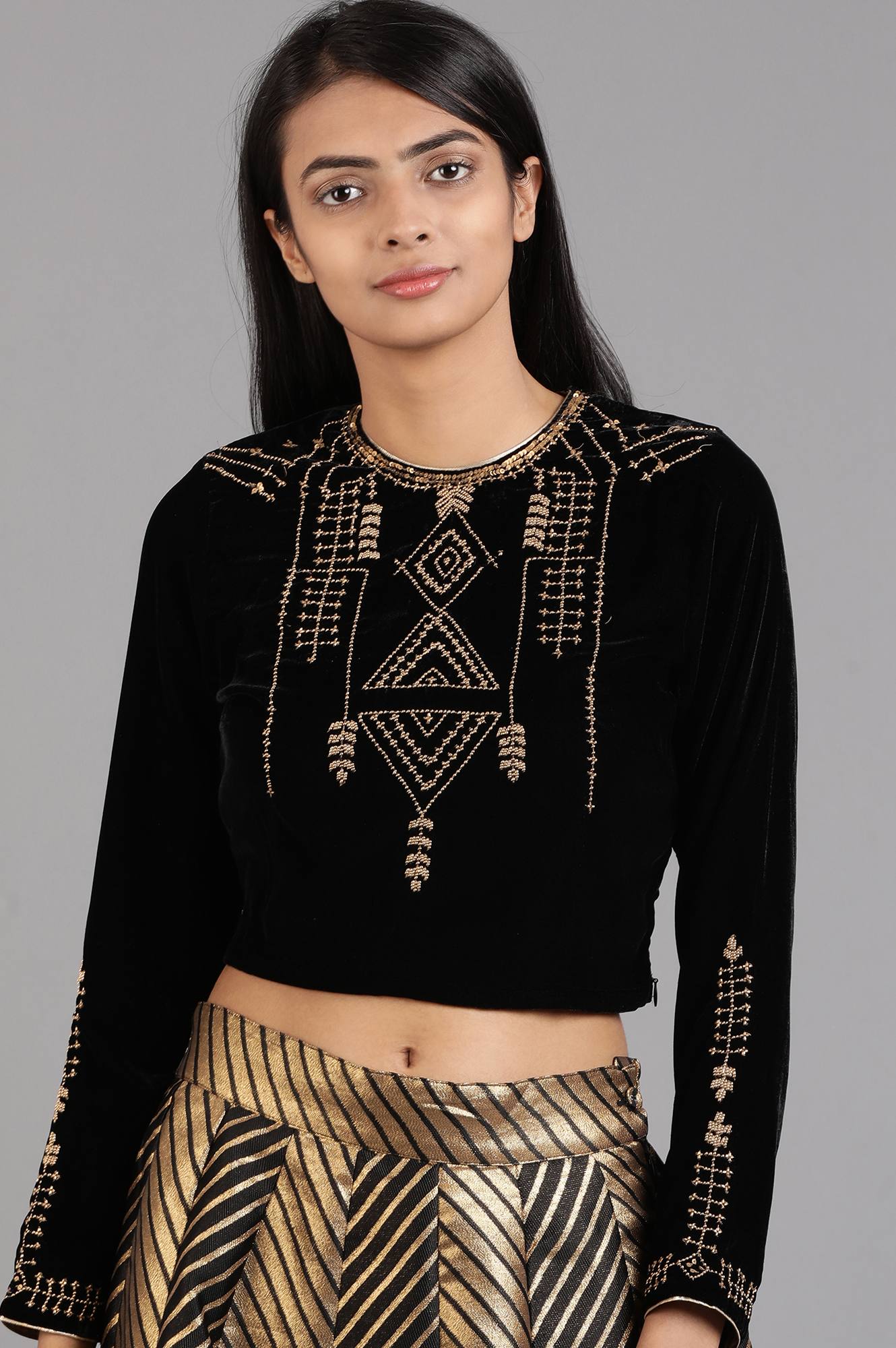 Black Round Neck Embellished Top