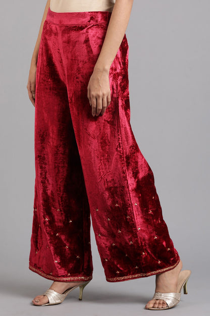 Red Solid Velvet Pants