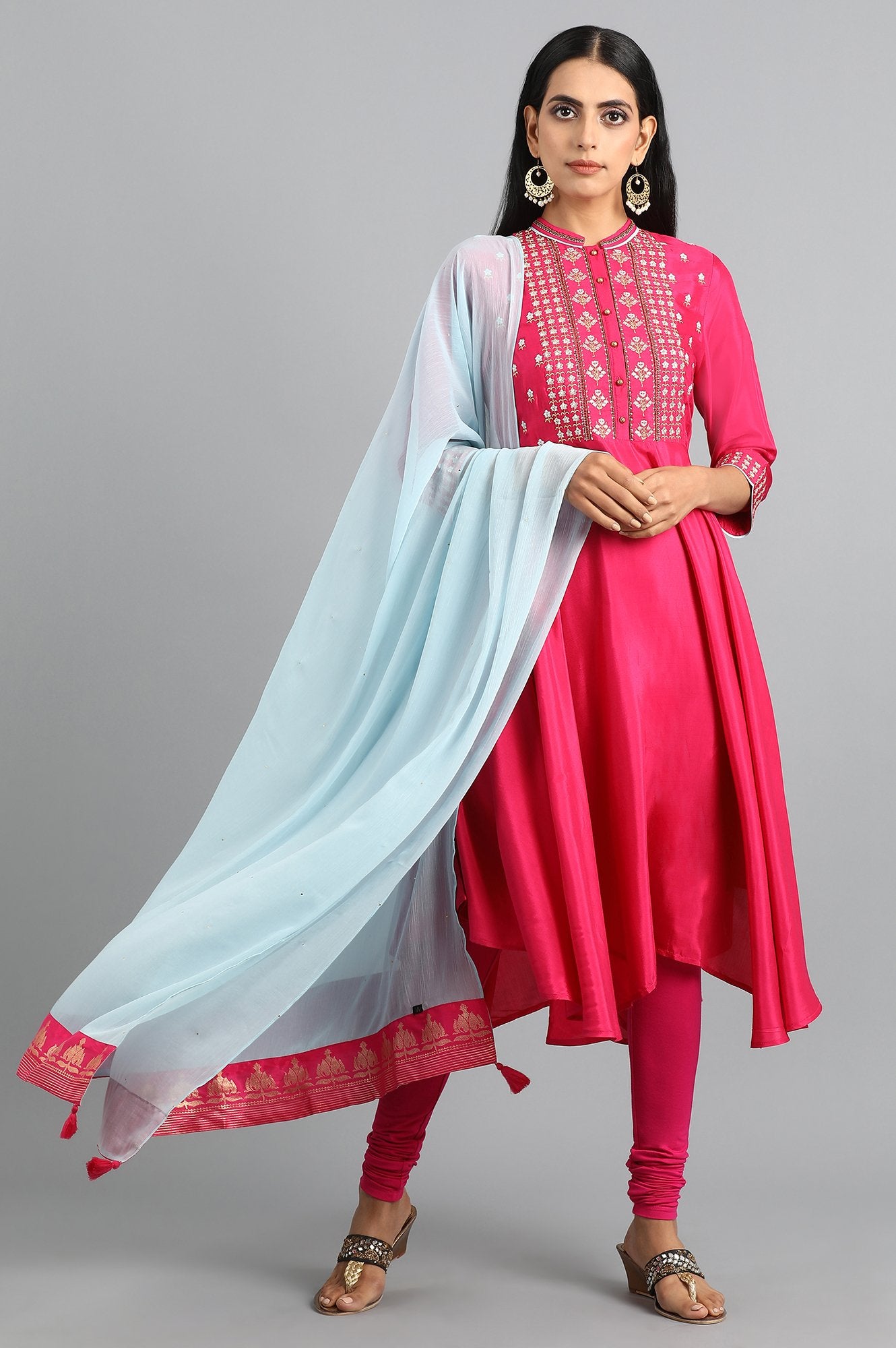 Pink Mandarin Neck Embroidered kurta