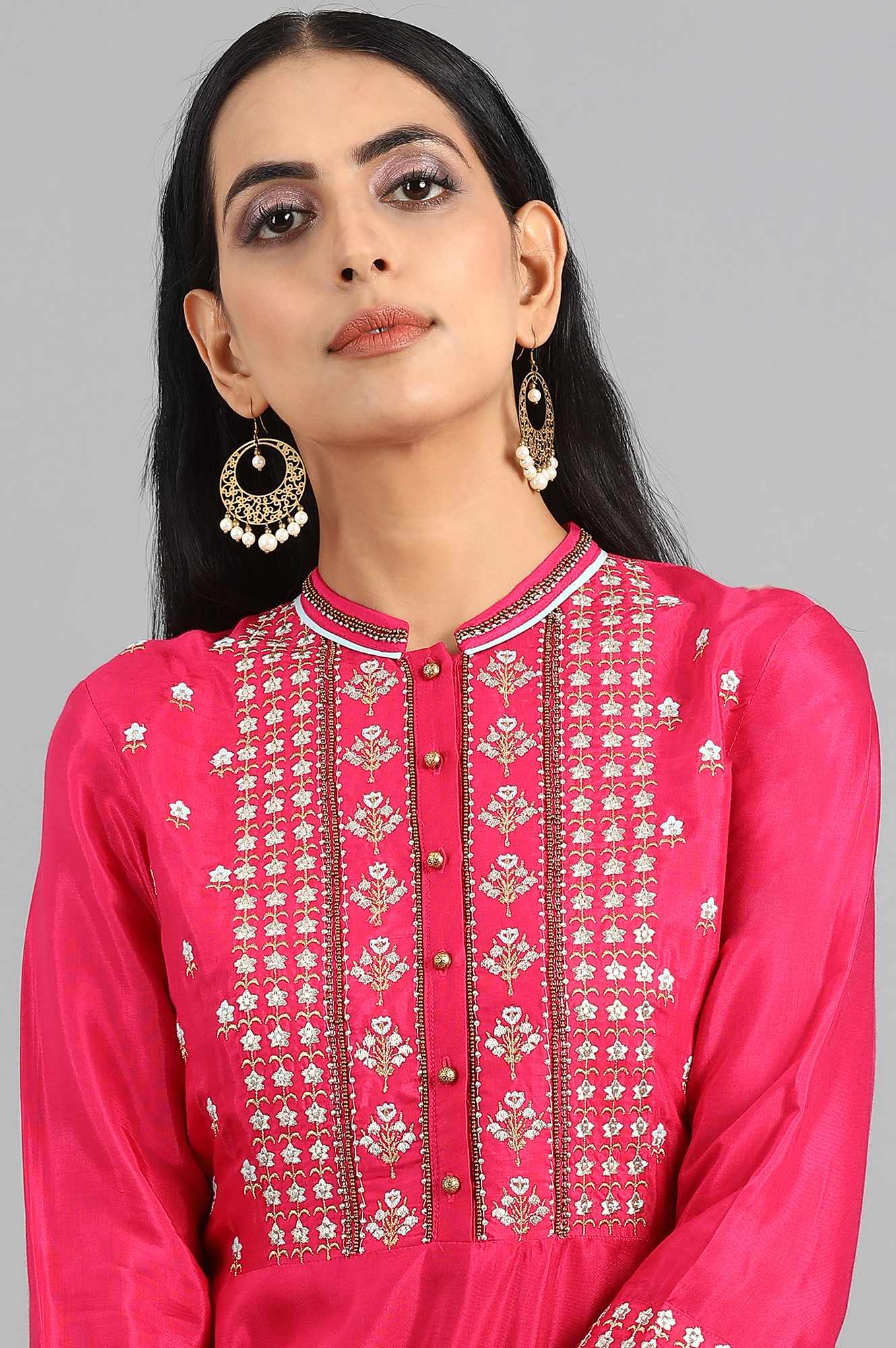 Pink Mandarin Neck Embroidered kurta