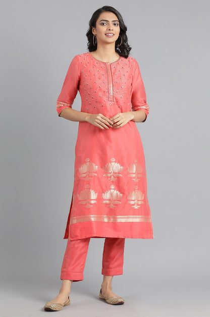 Peach Round Neck Chanderi kurta