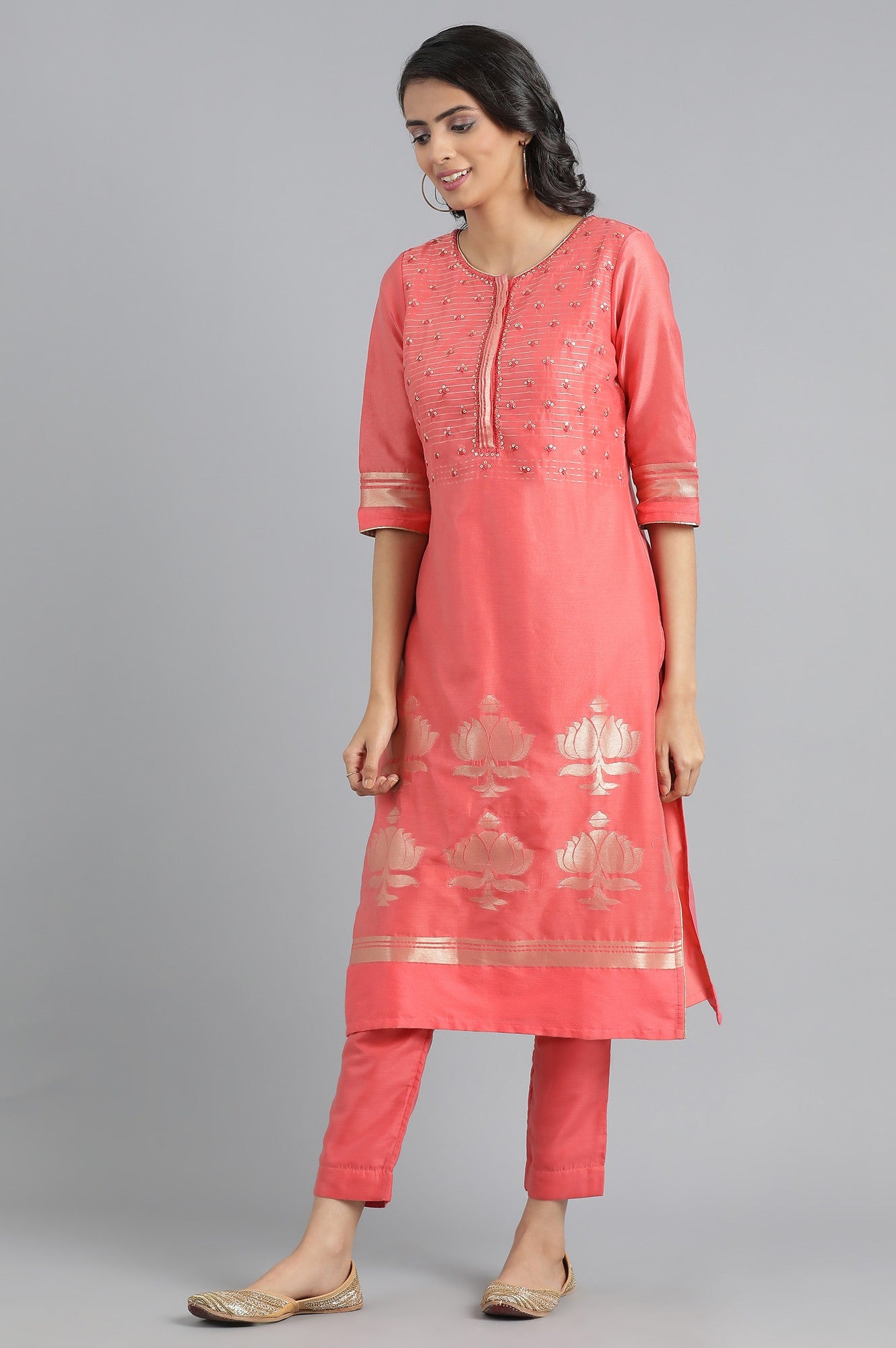 Peach Round Neck Chanderi kurta