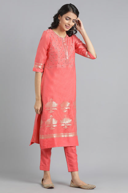 Peach Round Neck Chanderi kurta