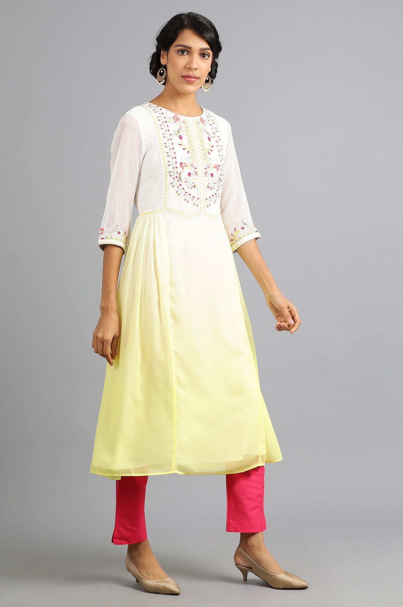 Yellow Round Neck Floral kurta