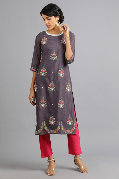 Grey Round Neck Printed kurta