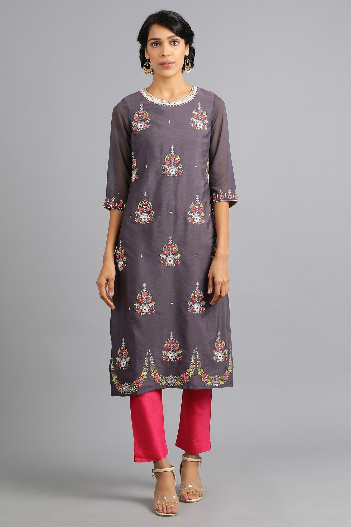 Grey Round Neck Printed kurta