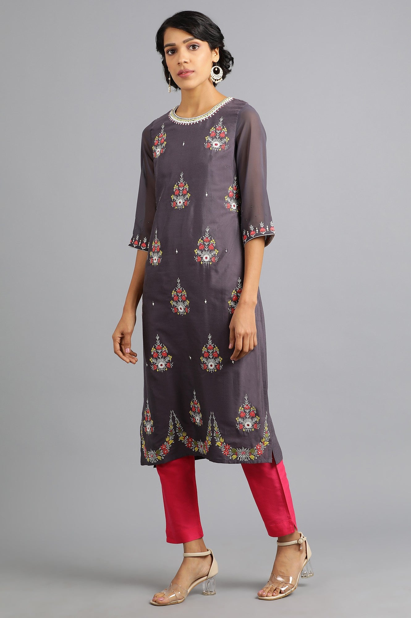 Grey Round Neck Printed kurta