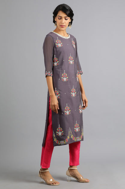 Grey Round Neck Printed kurta