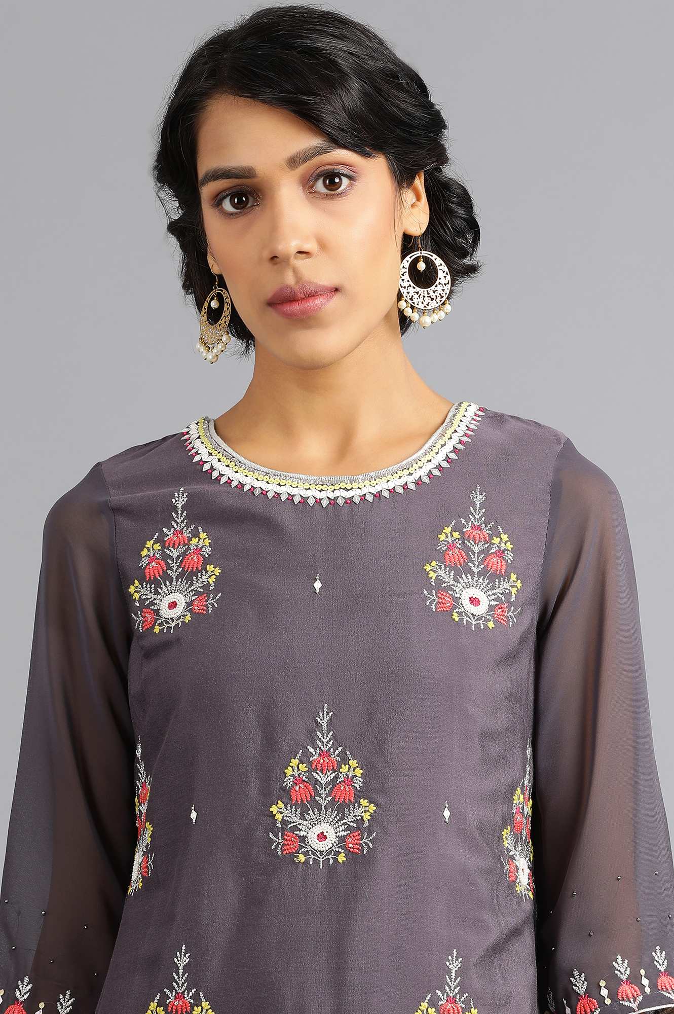 Grey Round Neck Printed kurta