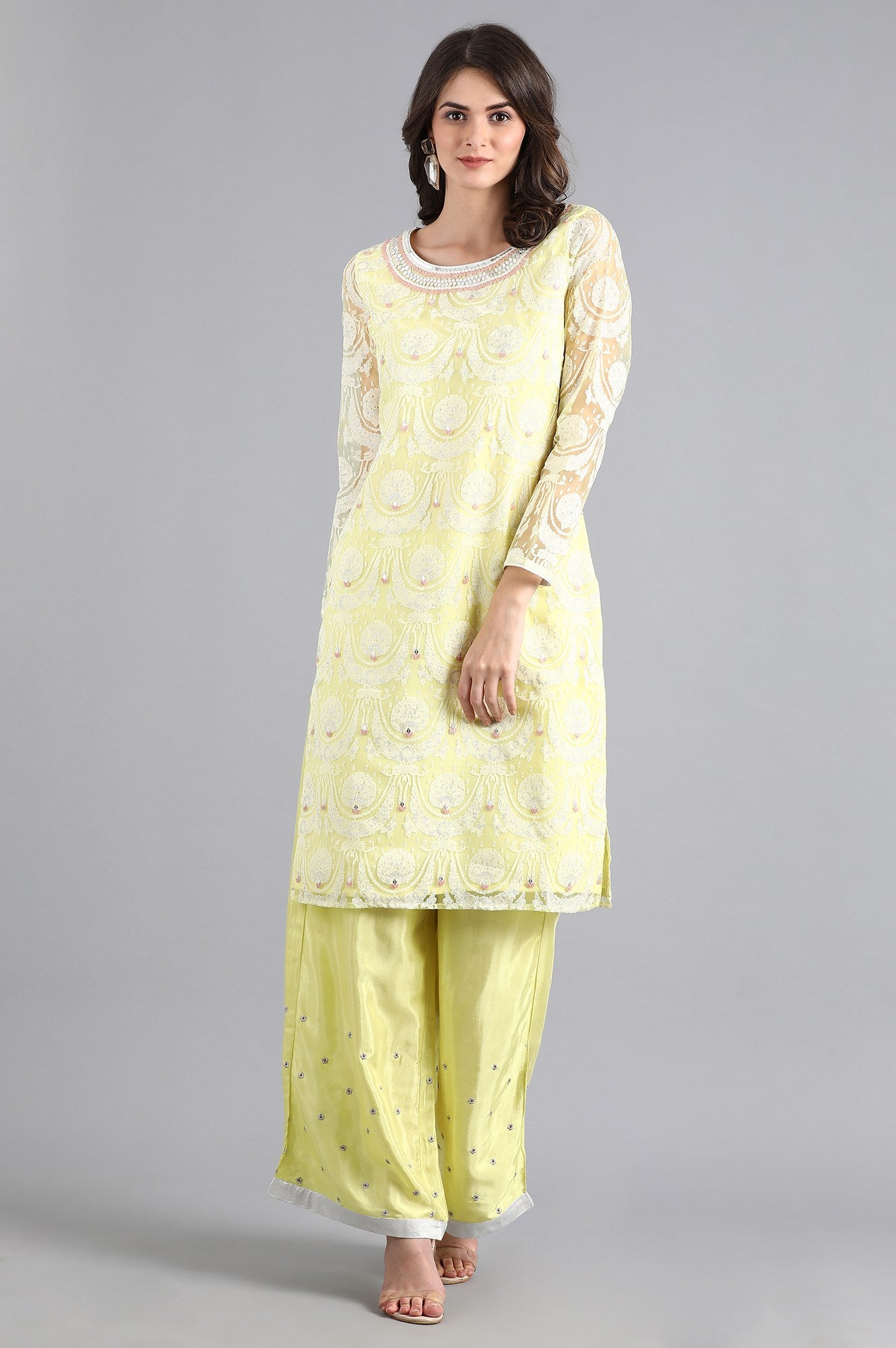 Yellow Round Neck Embroidered kurta