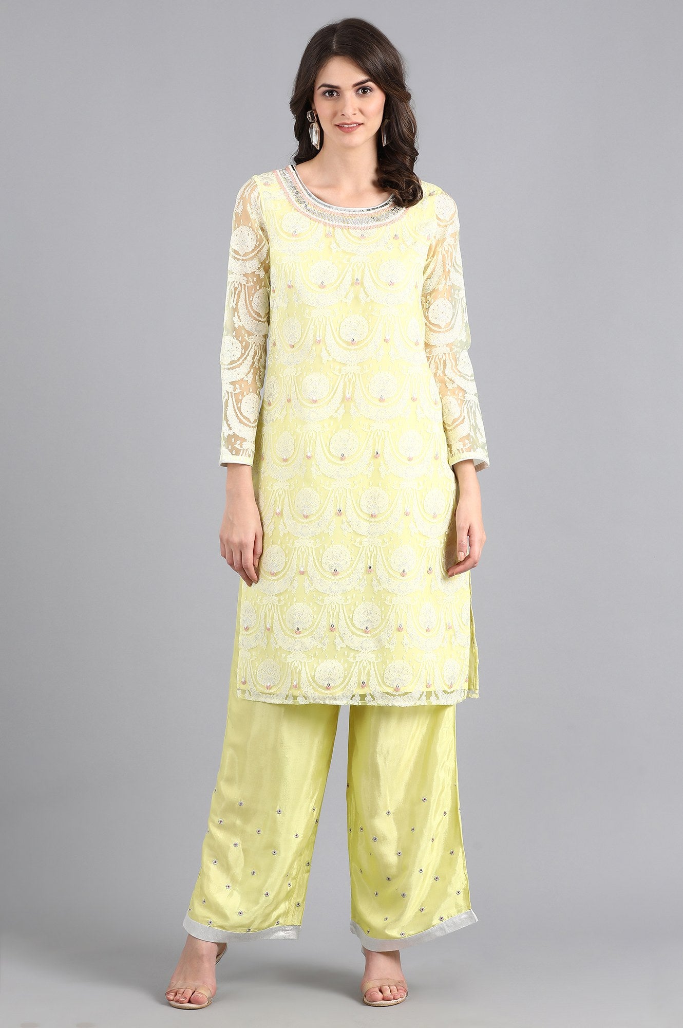 Yellow Round Neck Embroidered kurta