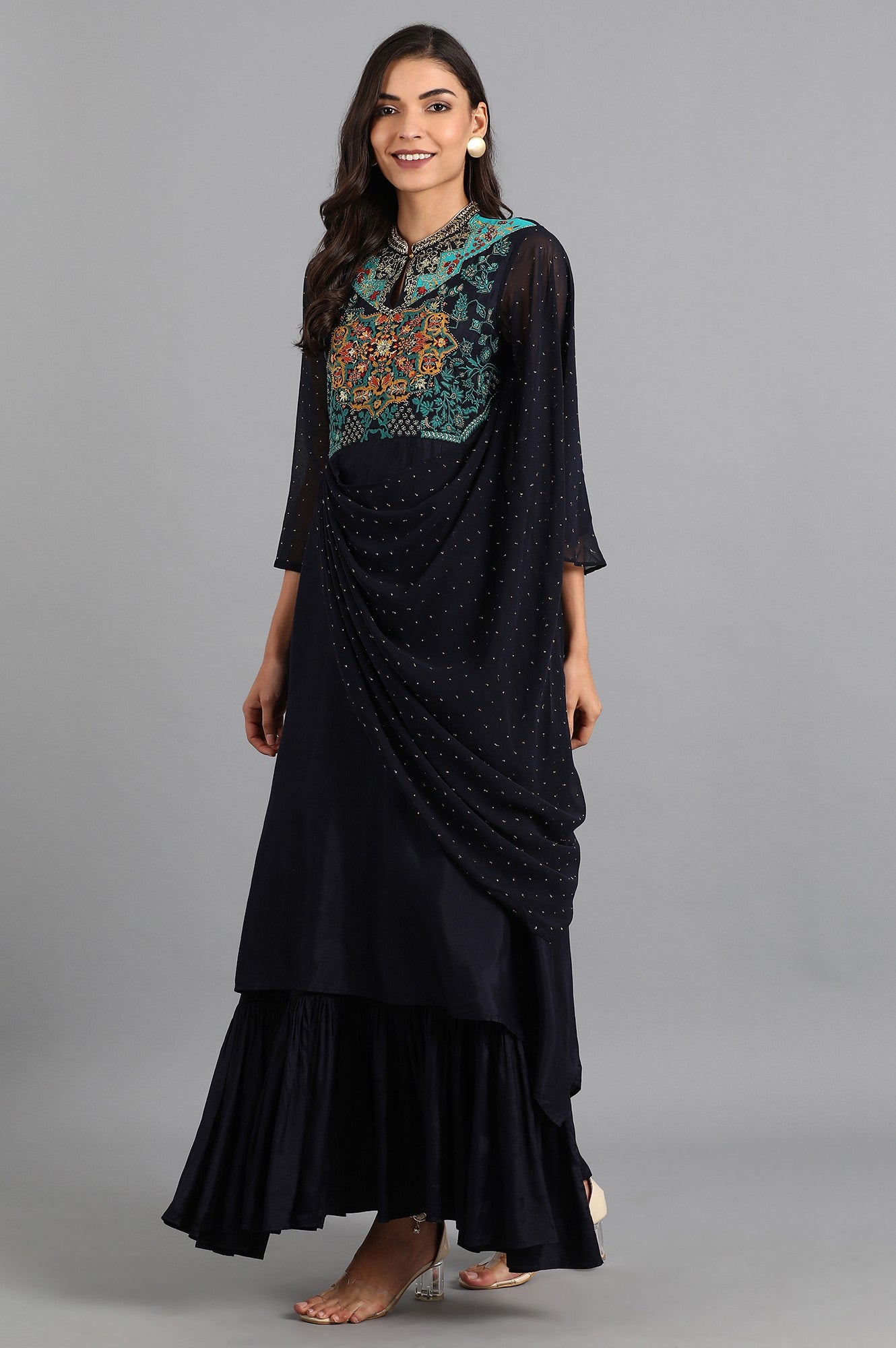 Blue Mandarin Neck Embroidered Dress