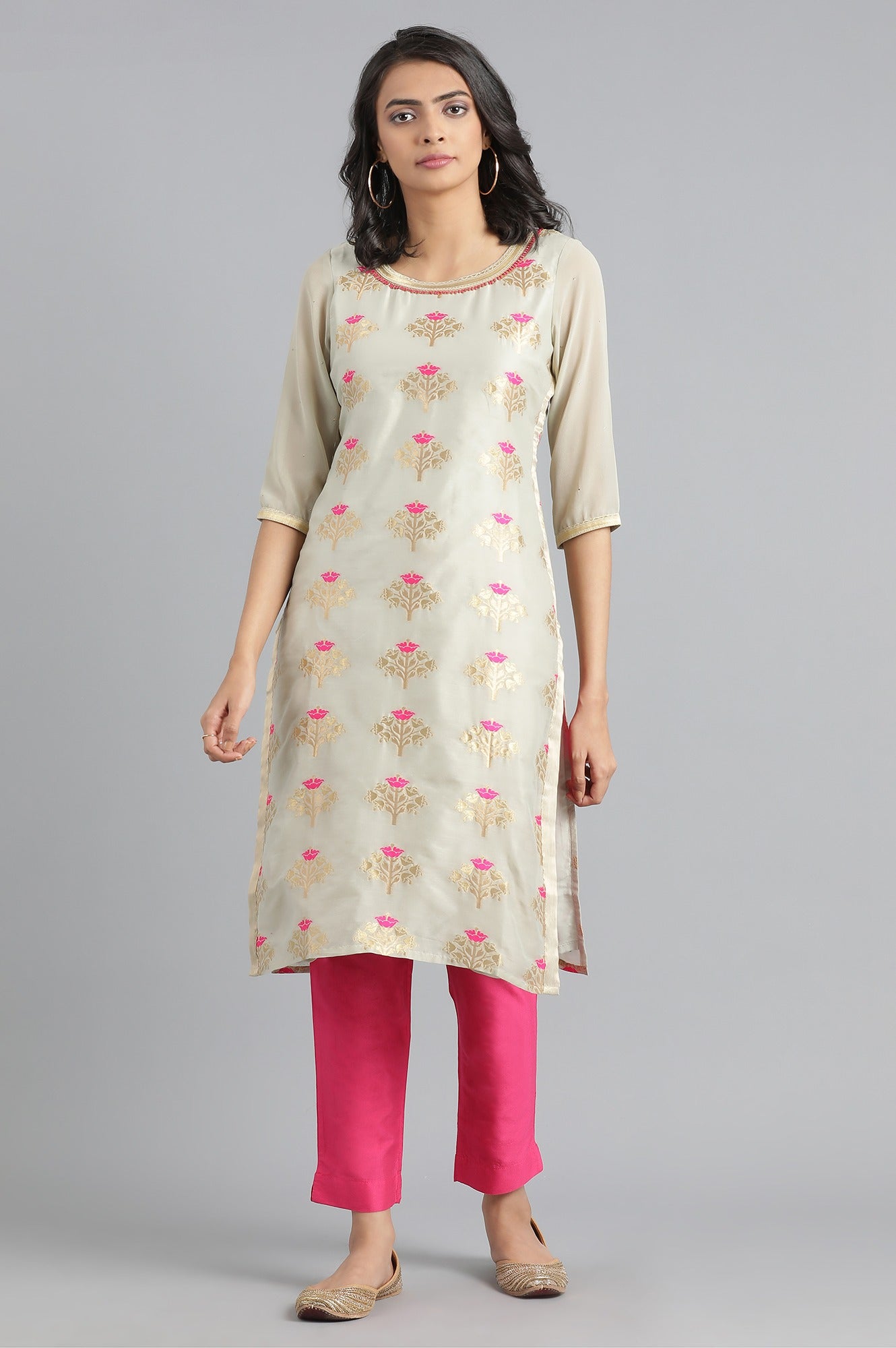 Grey Round Neck Jacquard kurta