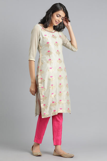 Grey Round Neck Jacquard kurta