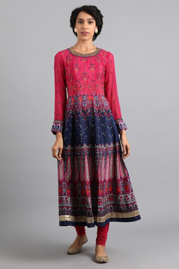 Pink & Blue Round Neck Flared kurta