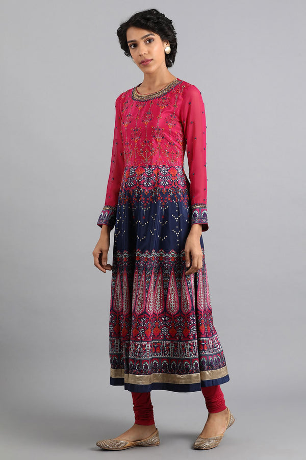 Pink & Blue Round Neck Flared kurta