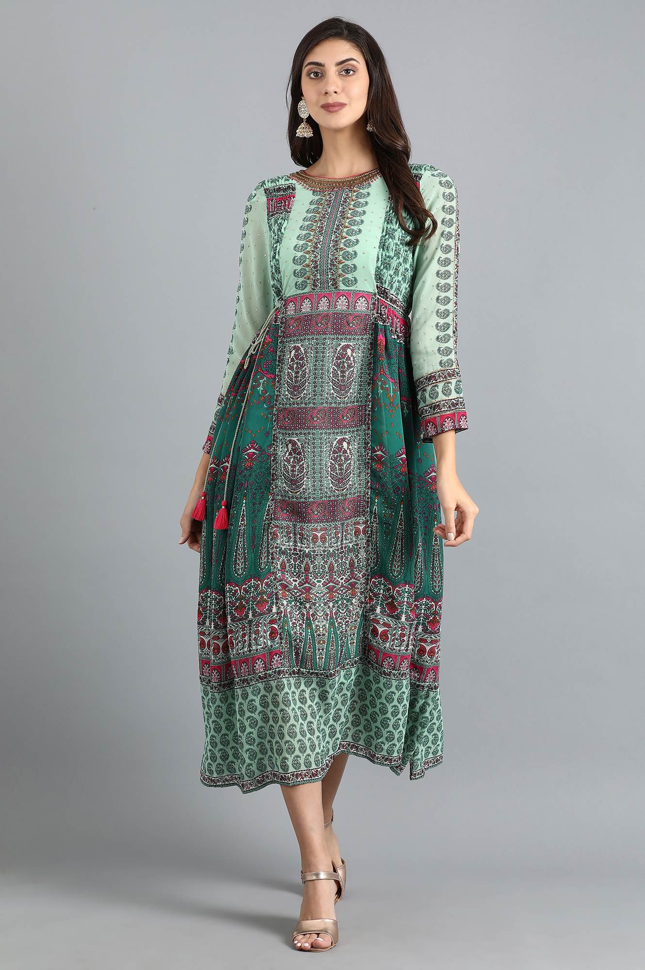 Green Round Neck Printed Flared Dress