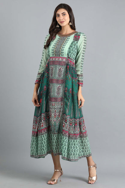 Green Round Neck Printed Flared Dress