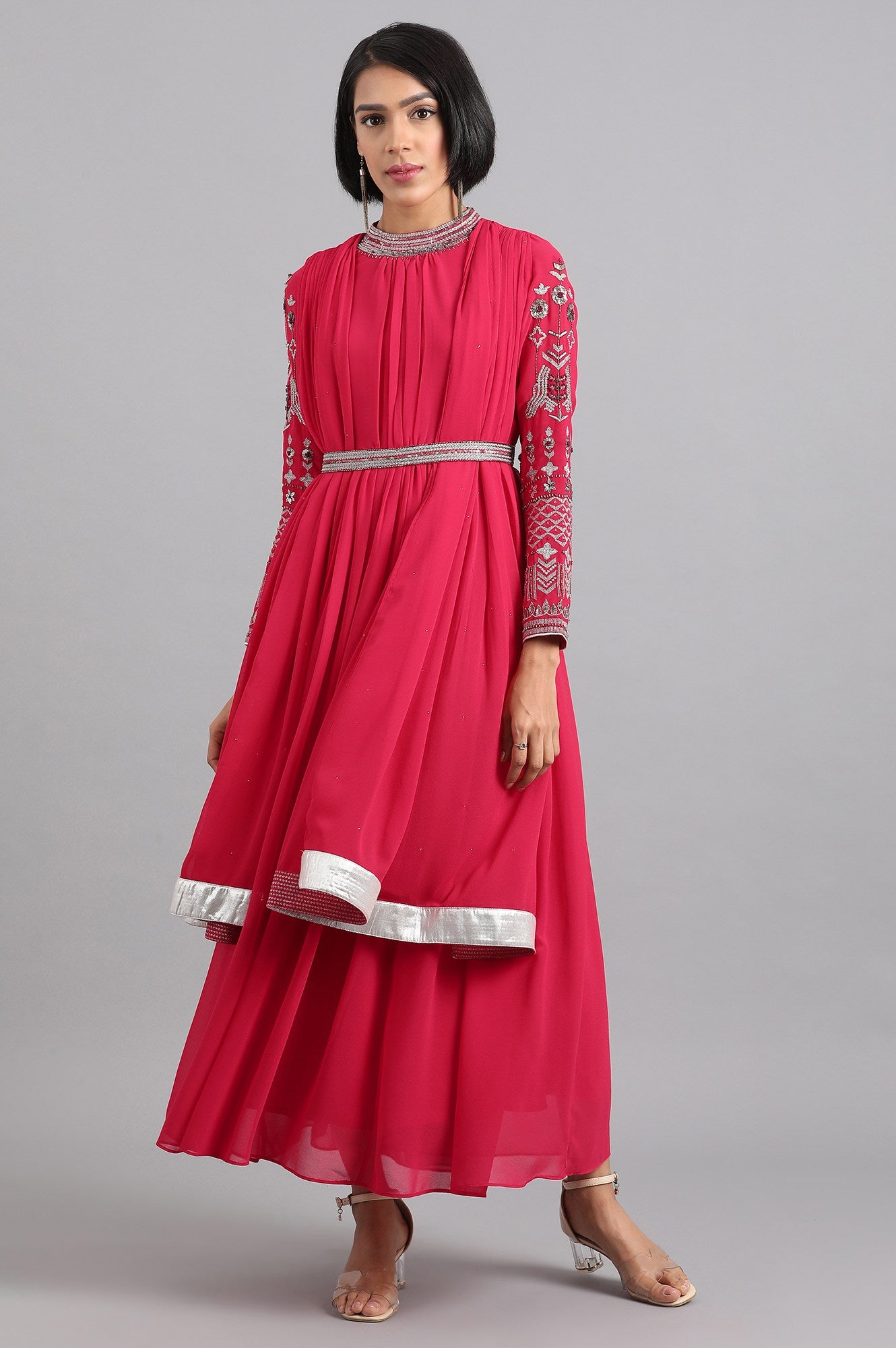 Red Mandarin Neck Gathered Dress