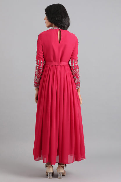 Red Mandarin Neck Gathered Dress