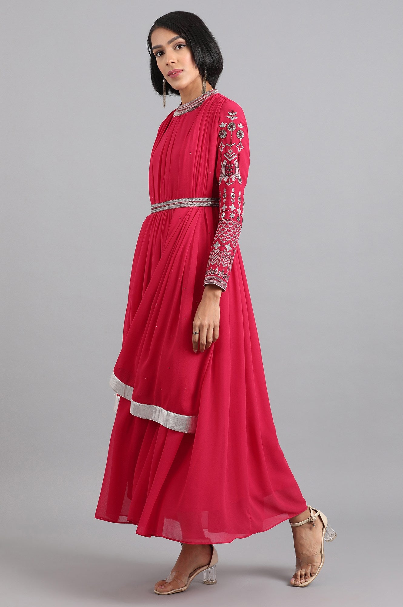 Red Mandarin Neck Gathered Dress