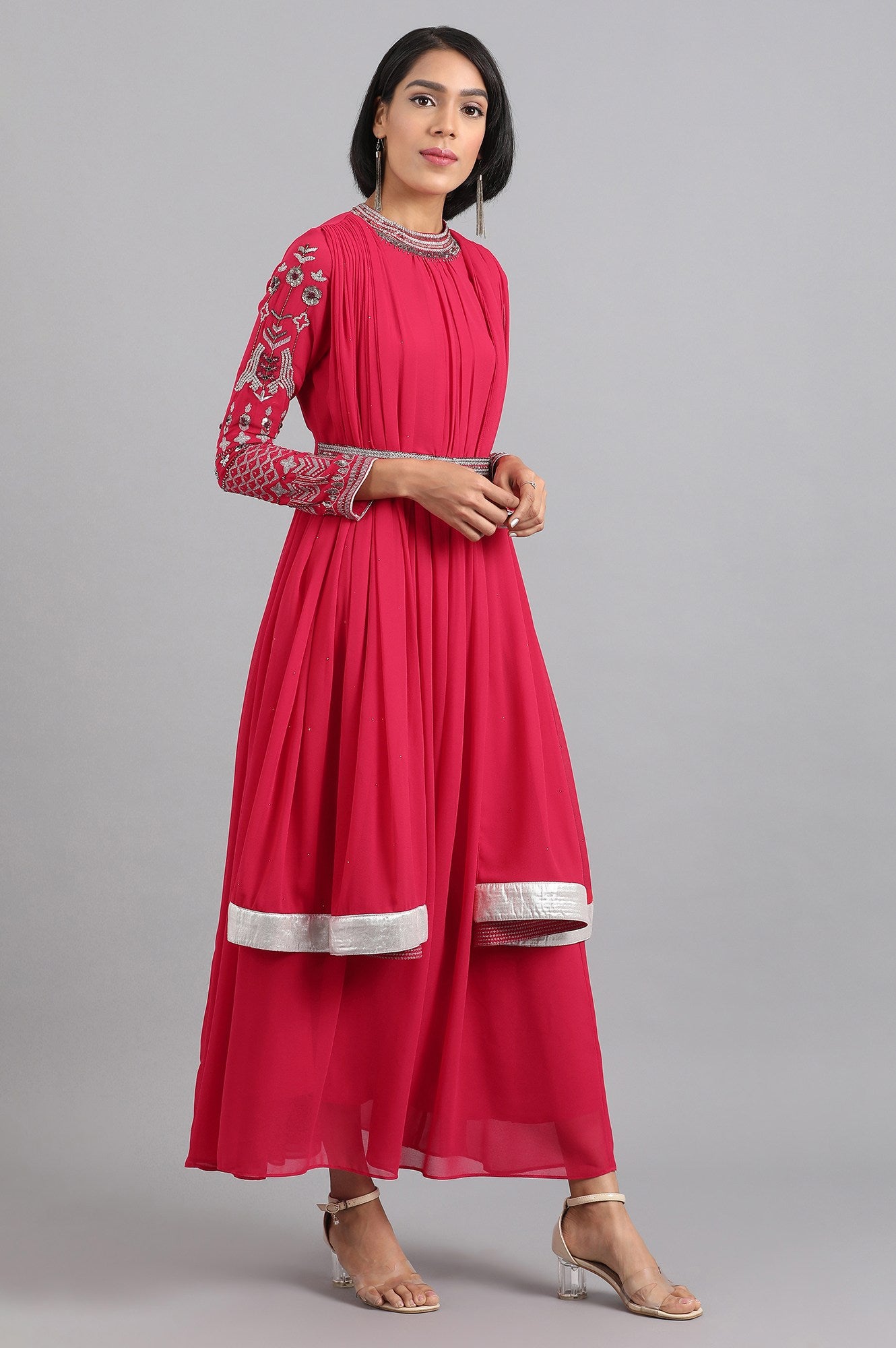 Red Mandarin Neck Gathered Dress