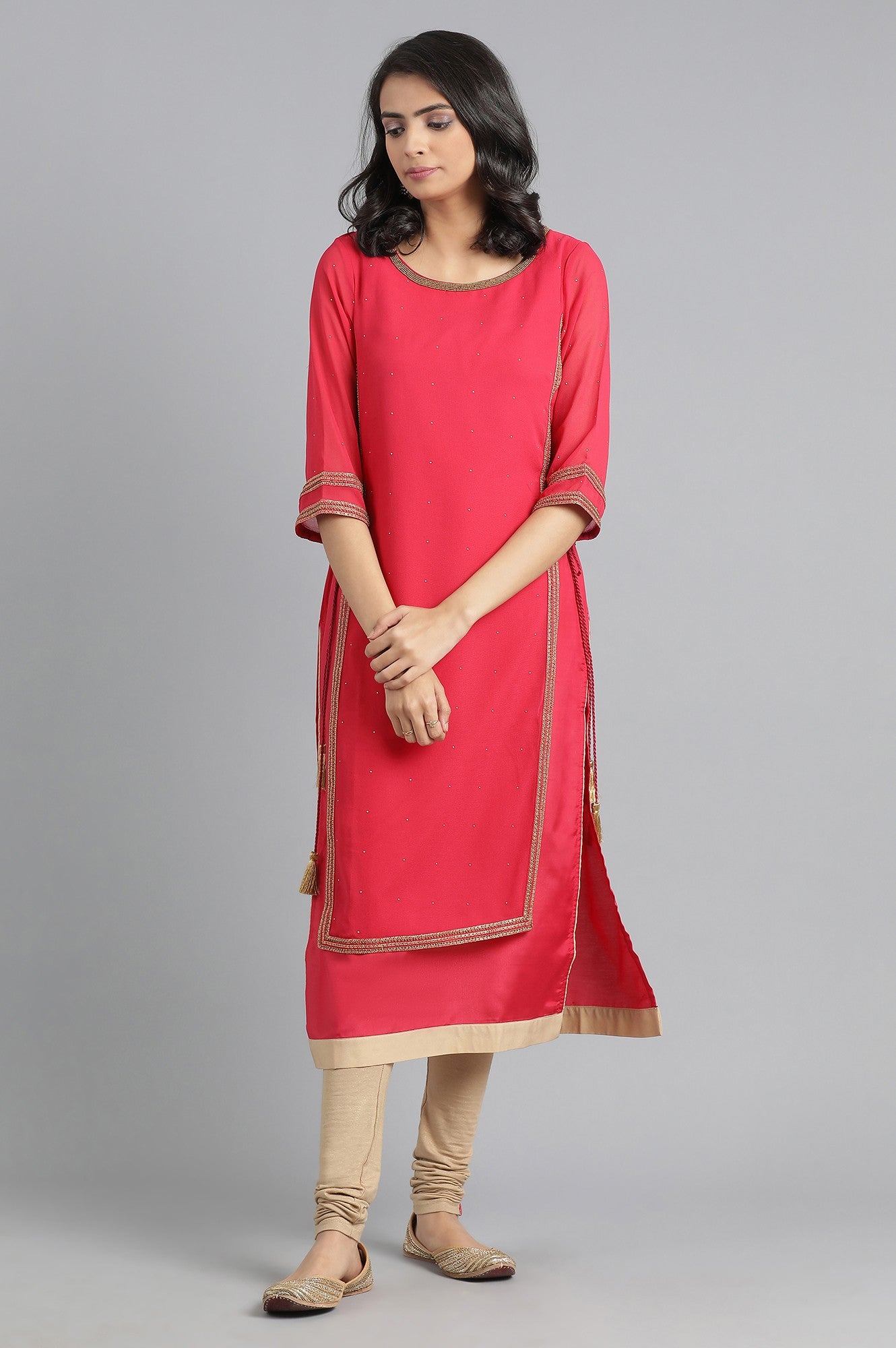 Pink Round Neck Layered kurta