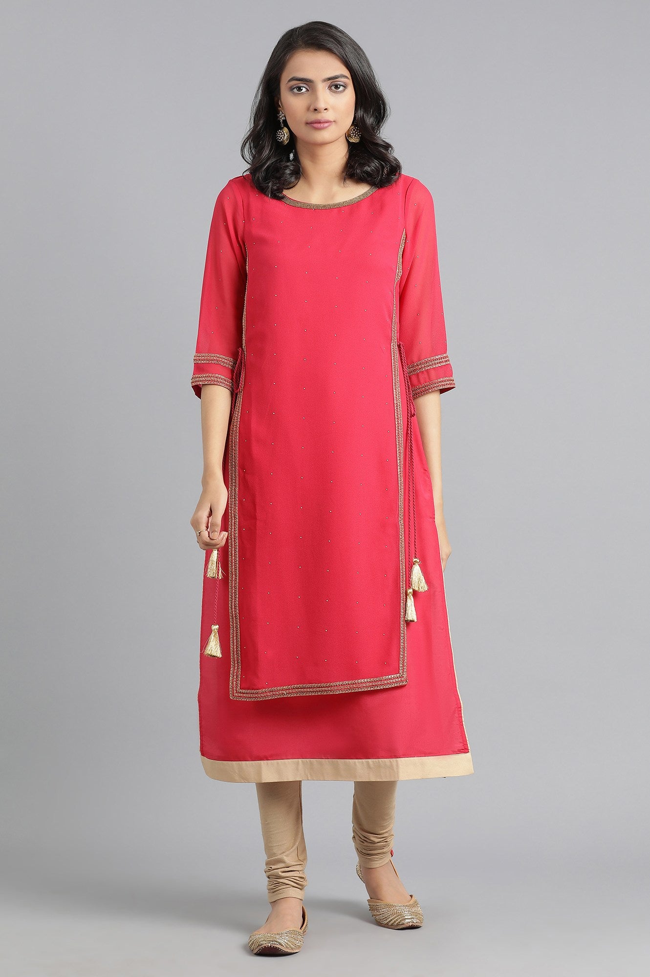 Pink Round Neck Layered kurta