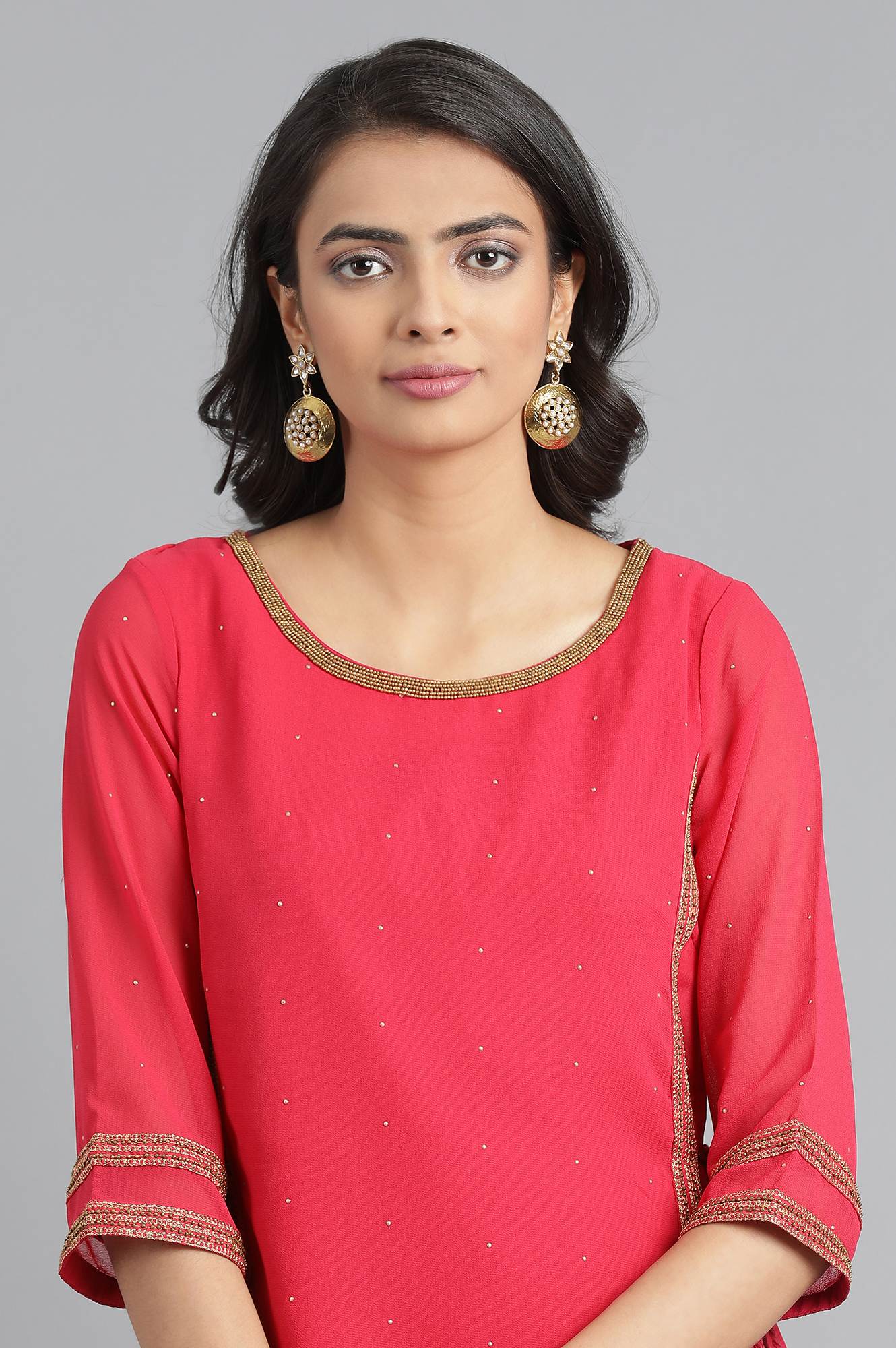 Pink Round Neck Layered kurta