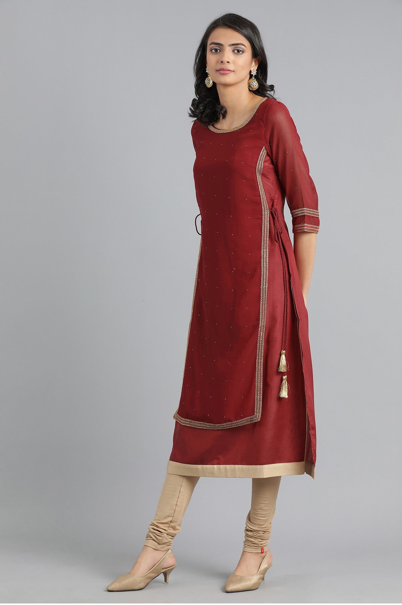 Maroon Round Neck Layered kurta