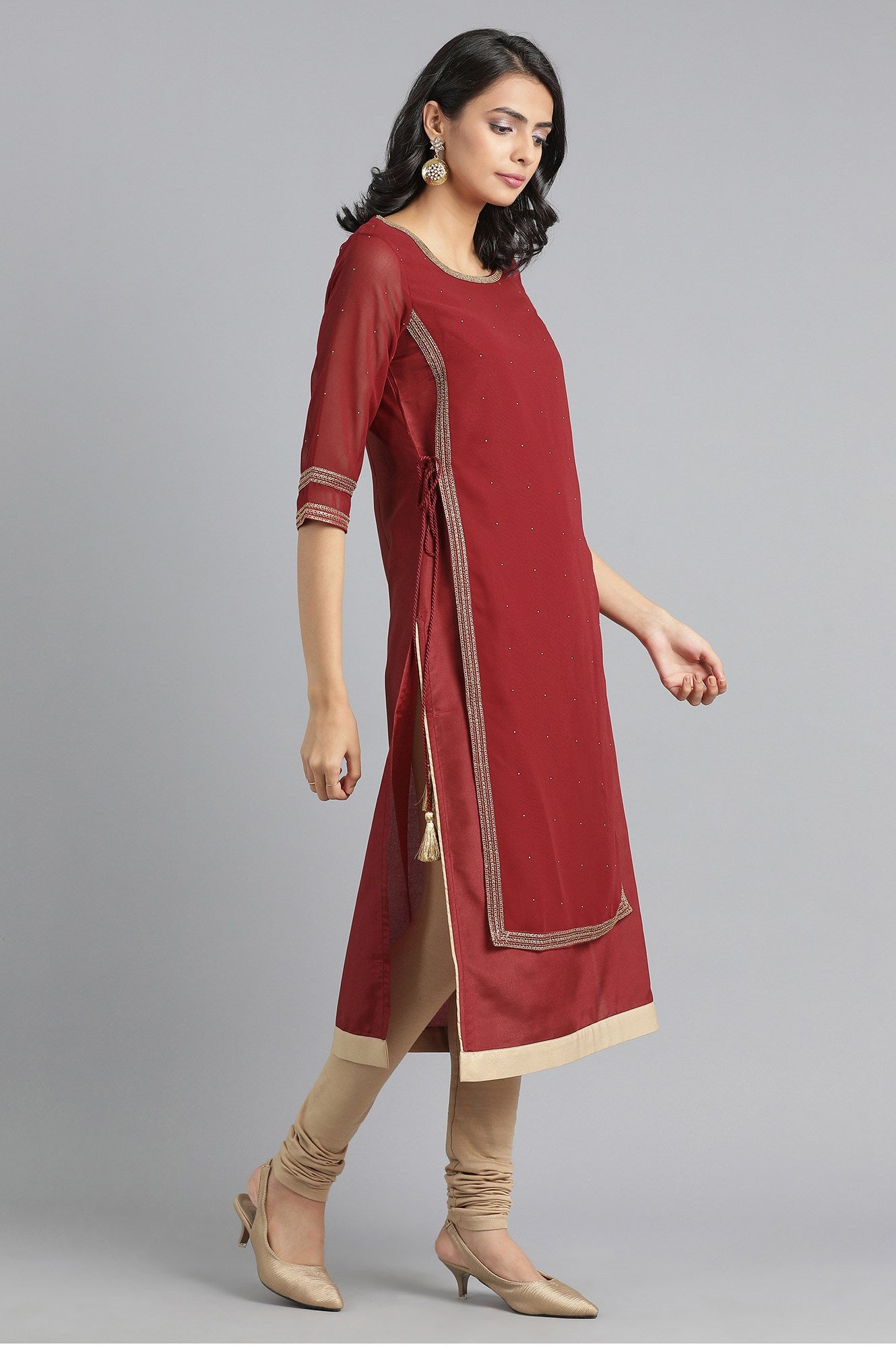 Maroon Round Neck Layered kurta