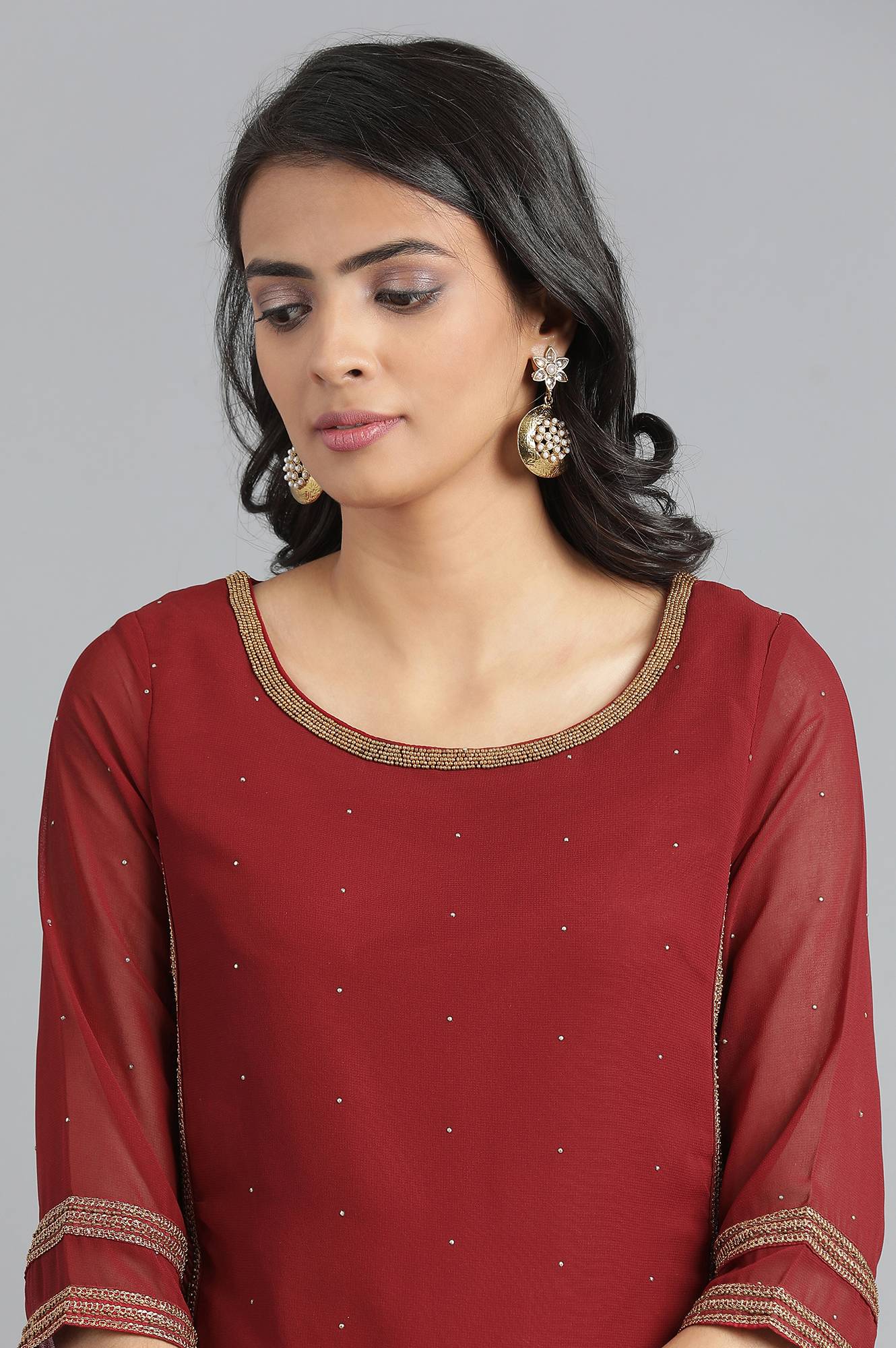 Maroon Round Neck Layered kurta