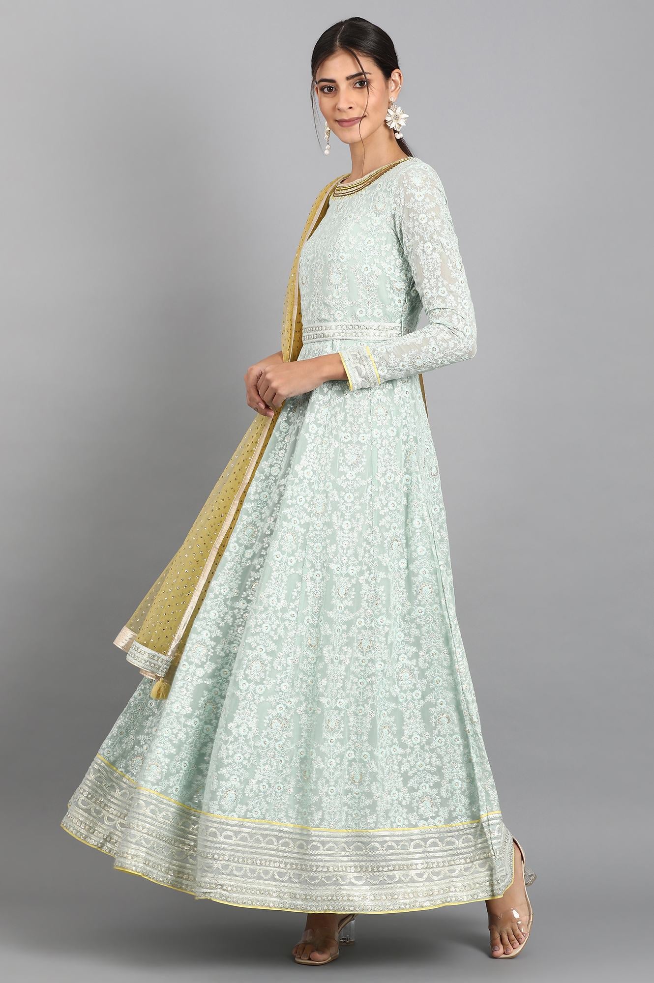 Sea Green Round Neck Embroidered Set