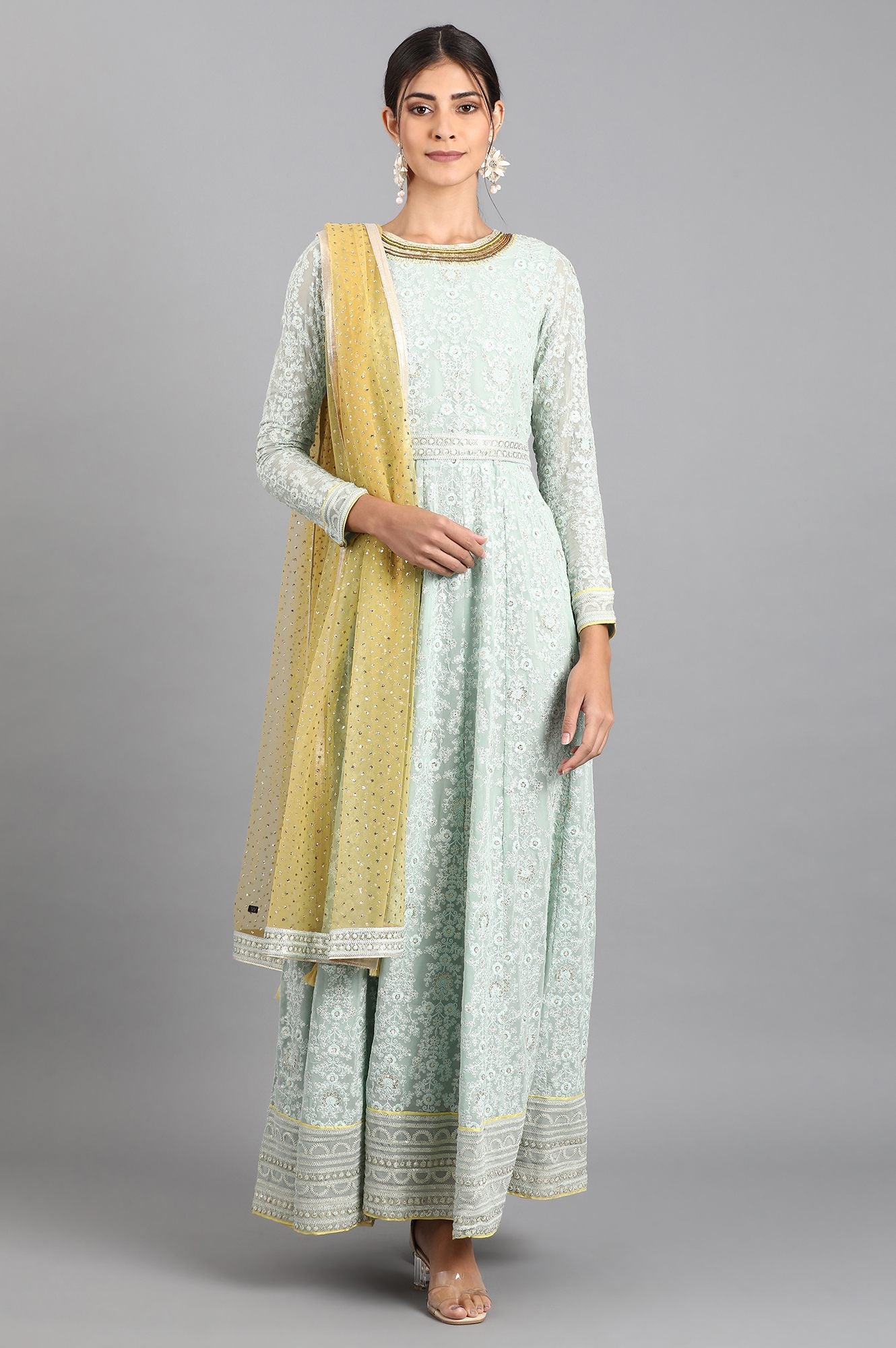 Sea Green Round Neck Embroidered Set