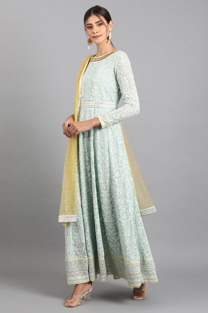 Sea Green Round Neck Embroidered Set